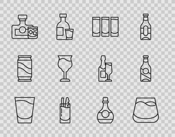 라인 샷 글래스, 위스키 컵, 칵테일 블러디 메리, 위스키 병, 와인, 보 틀 코냑, 브랜디, 맥주 아이콘. Vector — 스톡 벡터