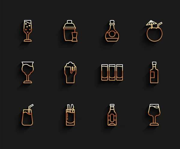 Set line Cocktail, Bloody Mary, Glass of champagne, Beer bottle, Wine glass, beer, and Shot icon. Vector — Stockvector
