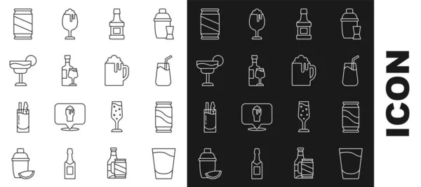 Set line Shot glass, Beer can, Cocktail, Whiskey bottle, Wine with, and Wooden beer mug icon. Vector — Image vectorielle