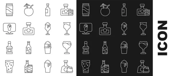 Set line Whiskey bottle and glass, Wine, Alcohol drink Rum, or beer bar location, Beer can and Glass of icon. Vector — Image vectorielle
