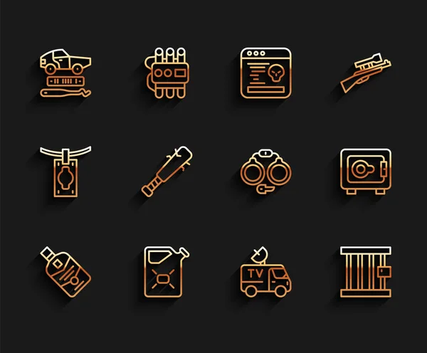 Set line Whiskey bottle, Canister fuel, Car theft, TV News car, Prison window, Baseball bat with nails, Safe and Handcuffs icon. Vector — стоковый вектор