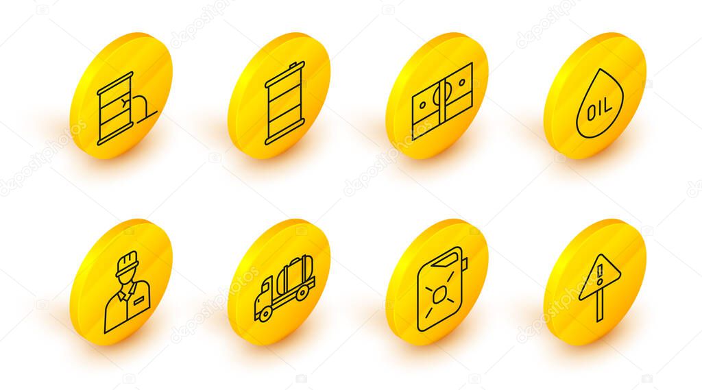 Set line Exclamation mark in triangle, Canister for motor oil, Tanker truck, Oilman, drop, Stacks paper money cash, Barrel and leak icon. Vector