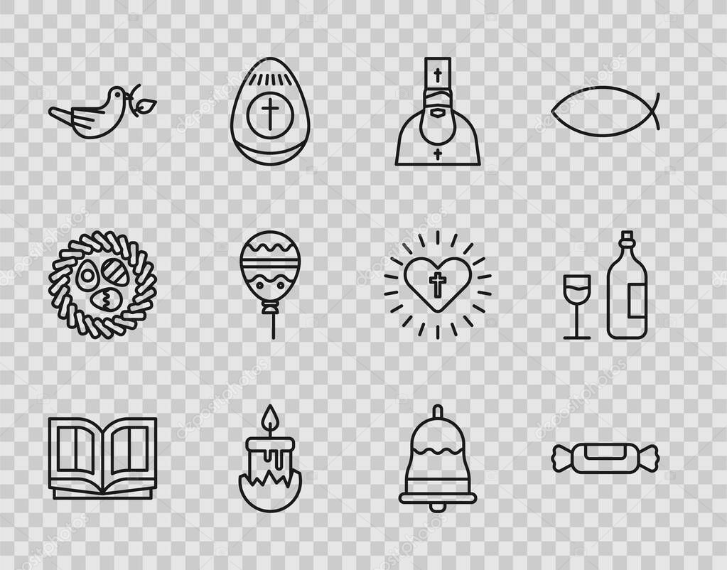 Set line Holy bible book, Candy, Priest, Burning candle, Peace dove with olive branch, Balloons ribbon, Ringing bell and Wine bottle glass icon. Vector