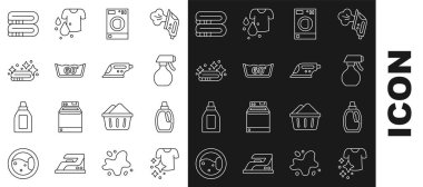 Kuru giysiler, temizlik malzemesi için şişe, su püskürtme şişesi, çamaşır makinesi, sıcaklık yıkama, havlu yığını ve elektrikli ütü ikonu. Vektör