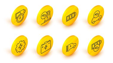 Set line Eco nature leaf battery, Electric car, Car, Gear and lightning, Battery charge, charging station and icon. Vector