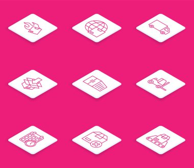 Set line Carton cardboard box, Worldwide shipping, Delivery cargo truck, Container, Forklift, Cardboard with calendar and icon. Vector