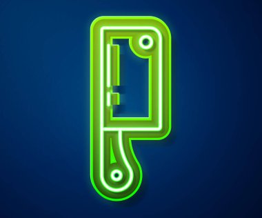 Parlayan neon hattı Et Helikopteri simgesi mavi arkaplanda izole edildi. Et için mutfak bıçağı. Kasap bıçağı. Mutlu Cadılar Bayramı Partisi. Vektör