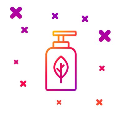 Renk çizgisi esaslı yağ şişesi simgesi beyaz arkaplanda izole edilmiş. Organik aromaterapi özü. Cilt bakımı serumu cam bırakma paketi. Kademeli rastgele dinamik şekiller. Vektör