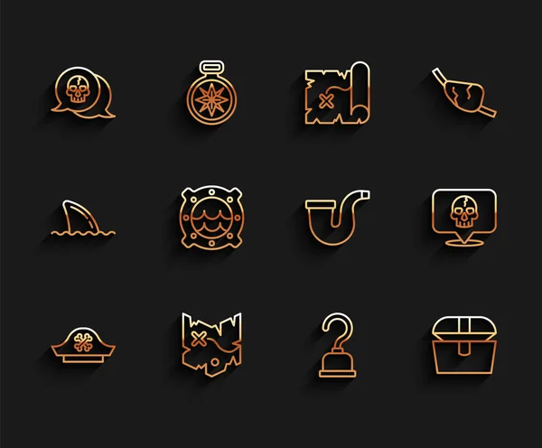 Set line Pirate hat, treasure map, Skull, hook, Antique chest, Ship porthole with seascape, and Smoking pipe icon. Vector — Image vectorielle