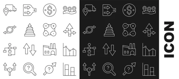 Establecer gráfico de línea, gráfico, diagrama, infografía de pastel, flecha, símbolo de dólar, infografías de pirámide, seguimiento de entrega e icono de elemento infográfico. Vector — Archivo Imágenes Vectoriales