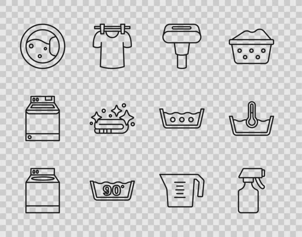 Set line Washer, Water spray bottle, Garment steamer, Temperature wash, Towel stack, Measuring cup and icon. Vector — Stockvector