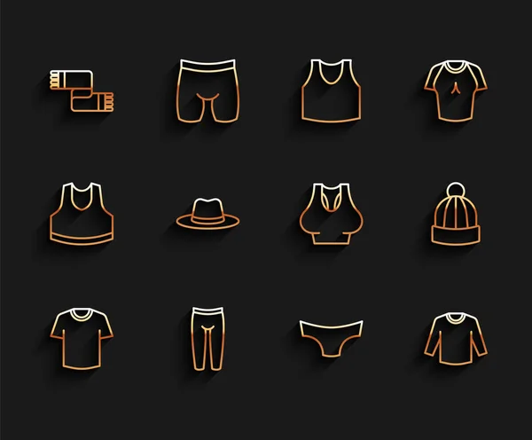 Set line T-shirt, Leggings, Winter scarf, Men underpants, Sweater, Man hat, and Undershirt icon. Vector — ストックベクタ