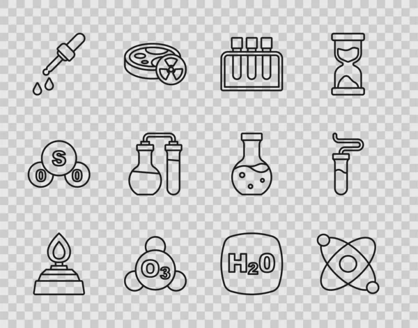 Set line Quemador de alcohol o alcohol, Átomo, Tubo de ensayo, Ozono, Pipeta, Fórmula química H2O e icono. Vector — Archivo Imágenes Vectoriales