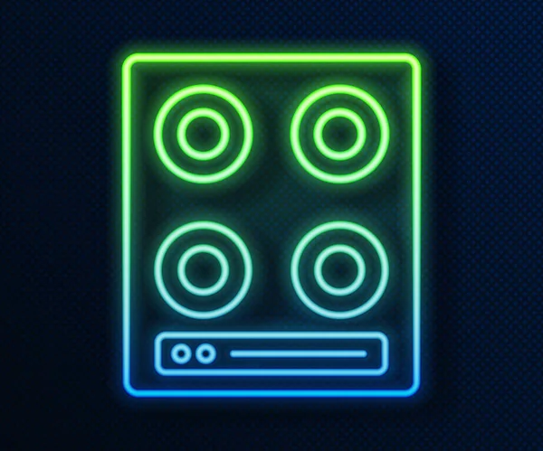 Glowing neon line Gas stove icon isolated on blue background. Cooktop sign. Hob with four circle burners. Vector — 图库矢量图片