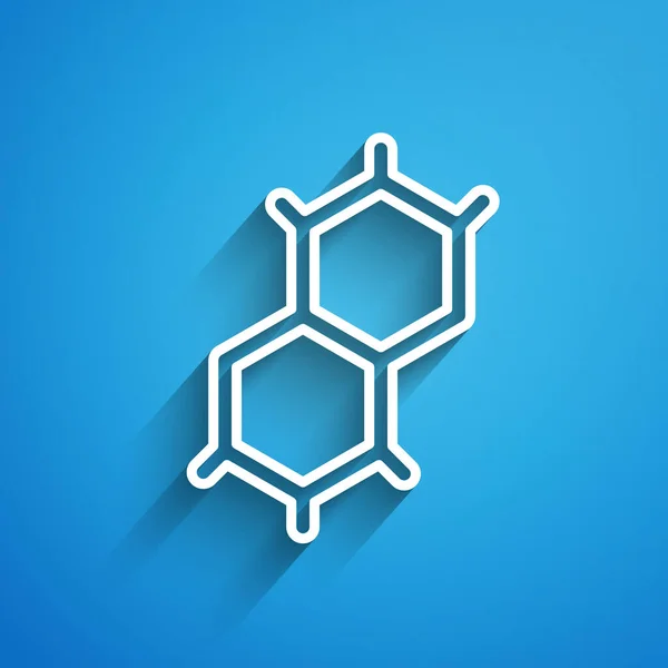 White line Chemical formula icon isolated on blue background. Abstract hexagon for innovation medicine, health, research and science. Long shadow. Vector — Wektor stockowy