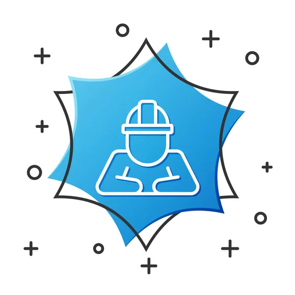White line Builder icon isolated on white background. Construction worker. Blue hexagon button. Vector — Vetor de Stock