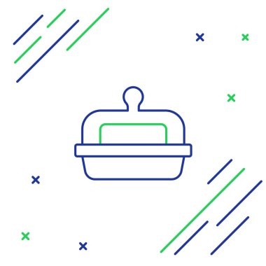 Beyaz arkaplanda izole edilmiş tereyağı kabı simgesindeki çizgi yağı. Tereyağlı tuğla tabakta. Süt bazlı ürün. Doğal süt ürünü. Renkli taslak konsepti. Vektör