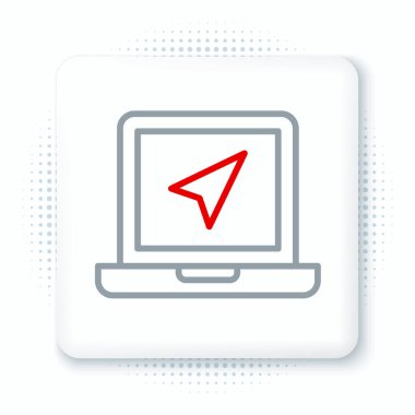 Beyaz arkaplanda konum imleci simgesine sahip dizüstü bilgisayar. Renkli taslak konsepti. Vektör