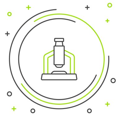 Beyaz arkaplanda çizgi mikroskobu simgesi izole edildi. Kimya, ilaç aleti, mikrobiyoloji büyütme aracı. Renkli taslak konsepti. Vektör