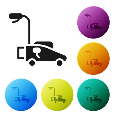 Siyah çim biçme makinesi simgesi beyaz arkaplanda izole edildi. Çim biçme makinesi çim biçiyor. Simgeleri renk daire düğmelerine ayarla. Vektör