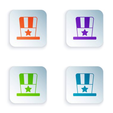 Beyaz arka planda izole edilmiş Vatansever Amerikan silindir şapka ikonu. Sam Amca şapkası. Amerikan Şapka Bağımsızlık Günü. Kare düğmelere renkli simgeleri yerleştir. Vektör