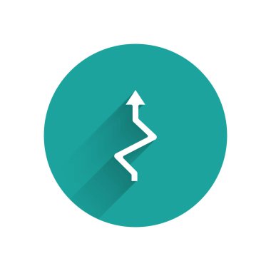 Beyaz Ok simgesi uzun gölge arkaplanı ile izole edildi. Yön Arrowhead sembolü. Navigasyon işaretçisi işareti. Yeşil daire düğmesi. Vektör