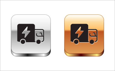 Black Electric truck icon isolated on white background. Silver and gold square buttons. Vector