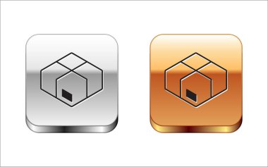 Beyaz arkaplanda siyah karton kutu simgesi izole edildi. Kutu, paket, paket işareti. Teslimat ve ambalaj. Gümüş ve altın kare düğmeler. Vektör