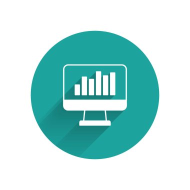 White Computer monitor with graph chart icon isolated with long shadow background. Report text file icon. Accounting sign. Audit, analysis, planning. Green circle button. Vector
