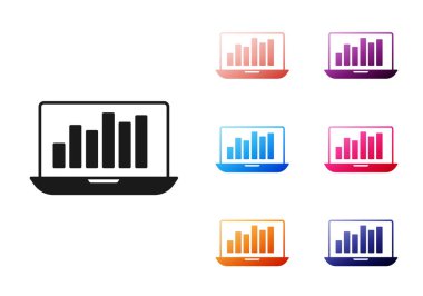 Beyaz arkaplanda grafik grafik simgesi olan siyah dizüstü bilgisayar. Metin dosya simgesini rapor et. Muhasebe tabelası. Denetim, analiz, planlama. Simgeleri renklendirin. Vektör