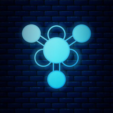 Parlayan neon molekül simgesi tuğla duvar arka planında izole edilmiş. Kimya moleküllerinin yapısı, fen öğretmenlerinin yenilikçi eğitim posteri. Vektör