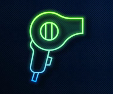 Parlayan neon hattı saç kurutma ikonu mavi arka planda izole edildi. Saç kurutma makinesi tabelası. Saç kurutma sembolü. Sıcak hava üflüyor. Vektör