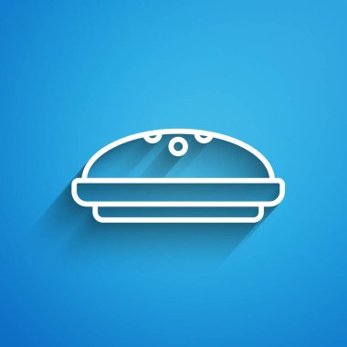 Beyaz çizgi ev yapımı turta ikonu mavi arka planda izole edilmiş. Uzun gölge. Vektör