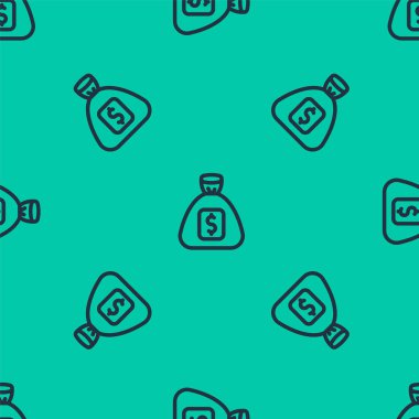Mavi çizgi Para Çantası simgesi yeşil arka planda kusursuz desen izole etti. Dolar ya da USD sembolü. Nakit bankacılık tabelası. Vektör