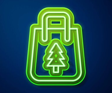 Parlayan neon hattı, mavi arka planda izole edilmiş noel kağıdı alışveriş poşeti ikonu. Paket işareti. Mutlu Noeller ve mutlu yıllar. Vektör