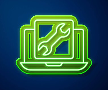 Mavi arka planda İngiliz anahtarı simgesi izole edilmiş parlak neon hattı dizüstü bilgisayar. Ayarlama, servis, ayar, bakım, onarım, onarım. Vektör