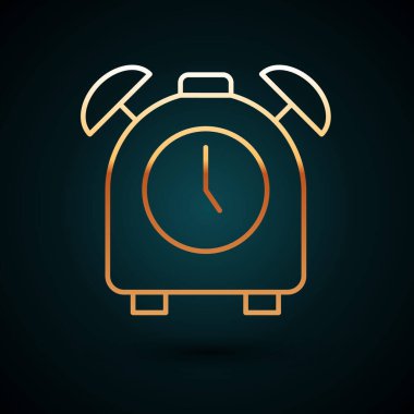 Altın çizgili alarm saat simgesi koyu mavi arkaplanda izole edildi. Uyan, kalk konsepti. Zaman işareti. Vektör