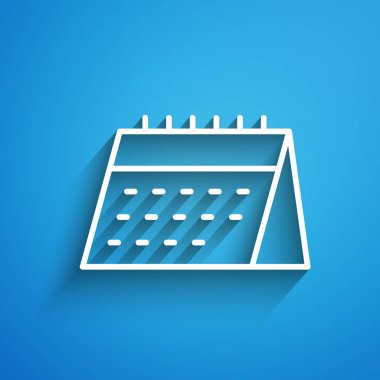 Mavi arkaplanda beyaz çizgi takvim simgesi izole edildi. Olay hatırlatma sembolü. Uzun gölge. Vektör