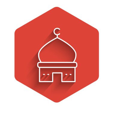 Beyaz çizgili Müslüman cami simgesi uzun gölgeli. Kırmızı altıgen düğmesi. Vektör