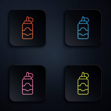 Renkli neon çizgili sos şişesi simgesi siyah arkaplanda izole edilmiş. Ketçap, hardal ve fast food için soslu mayonez şişeleri. Kare düğmelere simgeleri yerleştir. Vektör