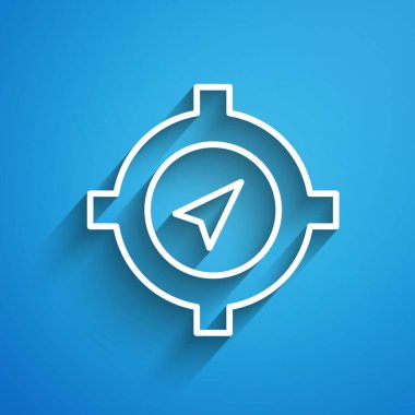 Beyaz çizgi pusula simgesi mavi arkaplanda izole edildi. Rüzgâr yön bulma sembolü. Rüzgar gül işareti. Uzun gölge. Vektör