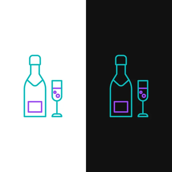 Line Champagne bottle and glass of champagne icon isolated on white and black background. Merry Christmas and Happy New Year. Colorful outline concept. Vector — Stock Vector