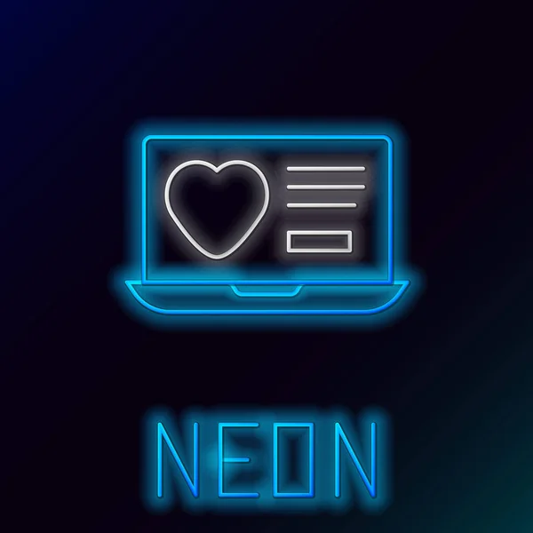 Leuchtendes Neon Line Dating App Online-Laptop-Konzept-Symbol isoliert auf schwarzem Hintergrund. Weibliches männliches Profil flache Ausführung. Paarbeziehung für Beziehung. Buntes Rahmenkonzept. Vektor — Stockvektor