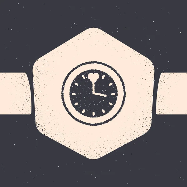 Icône Grunge Clock isolée sur fond gris. Symbole temporel. Dessin vintage monochrome. Vecteur — Image vectorielle