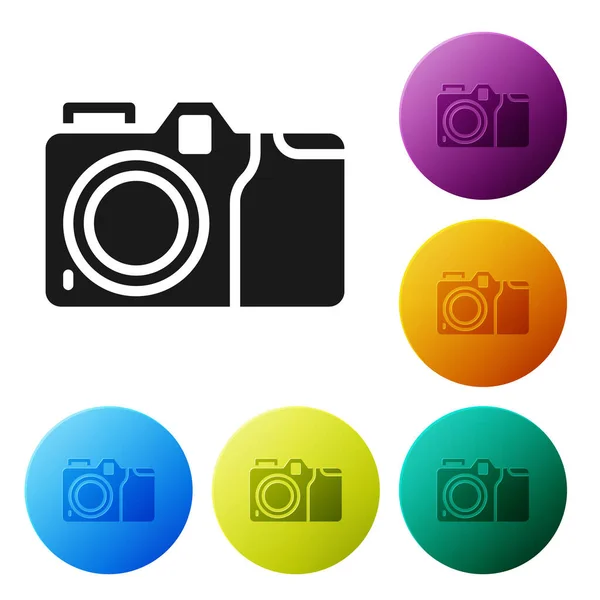 Black Photo camera icon isolated on white background. Foto camera icon. Set icons in color circle buttons. Vector — Stock Vector