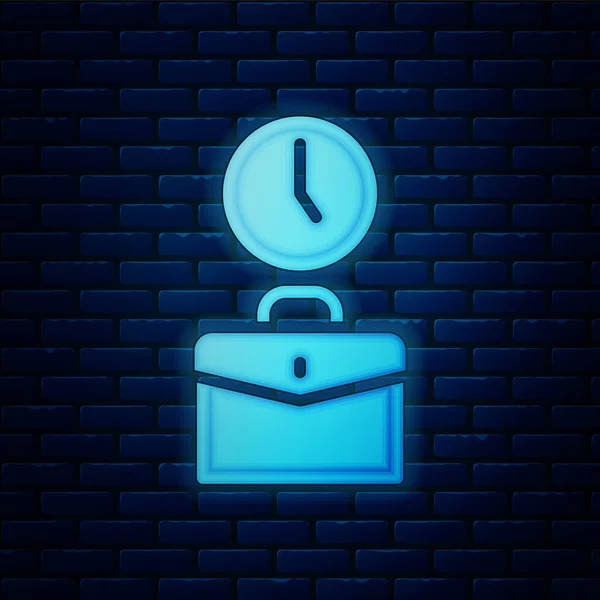 Glowing neon Work time icon isolated on brick wall background. Office worker. Working hours. Business briefcase. Vector — Vetor de Stock