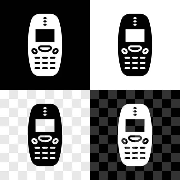 Set Old vintage keypad mobile phone icon isolated on black and white, transparent background. Retro cellphone device. Vintage 90s mobile phone. Vector — Stockvektor
