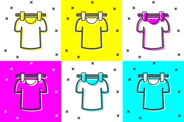 Kurutma elbise simgesini renk arkaplanında izole et. Temiz gömlek. Çamaşırları çamaşır mandallarıyla iple yıka. Kıyafet bakımı ve düzenlilik. Vektör — Stok Vektör