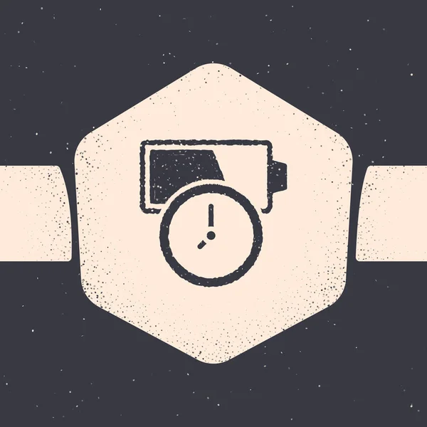 Grunge icône indicateur de niveau de charge de la batterie isolé sur fond gris. Dessin vintage monochrome. Vecteur — Image vectorielle