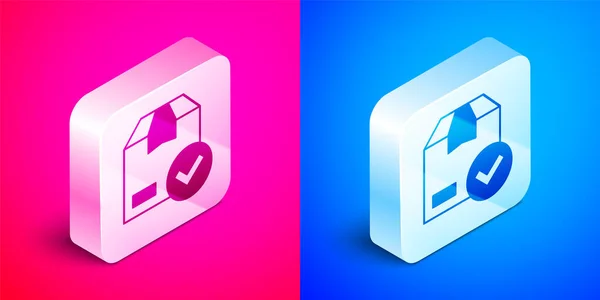 Isometric Package box with check mark icon isolated on pink and blue background. Parcel box with checkmark. Approved delivery or successful package receipt. Silver square button. Vector — Vettoriale Stock